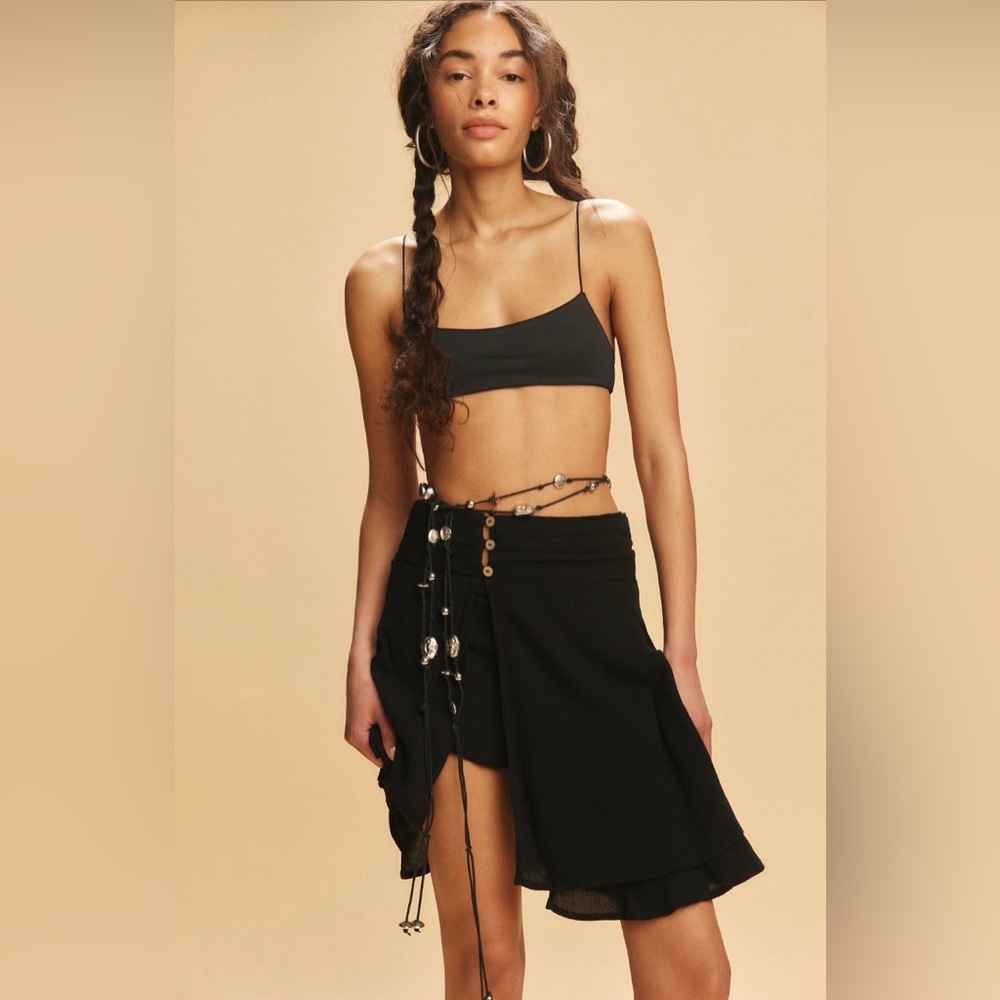 Free People Black Wrap Skort with Button & Tie Details